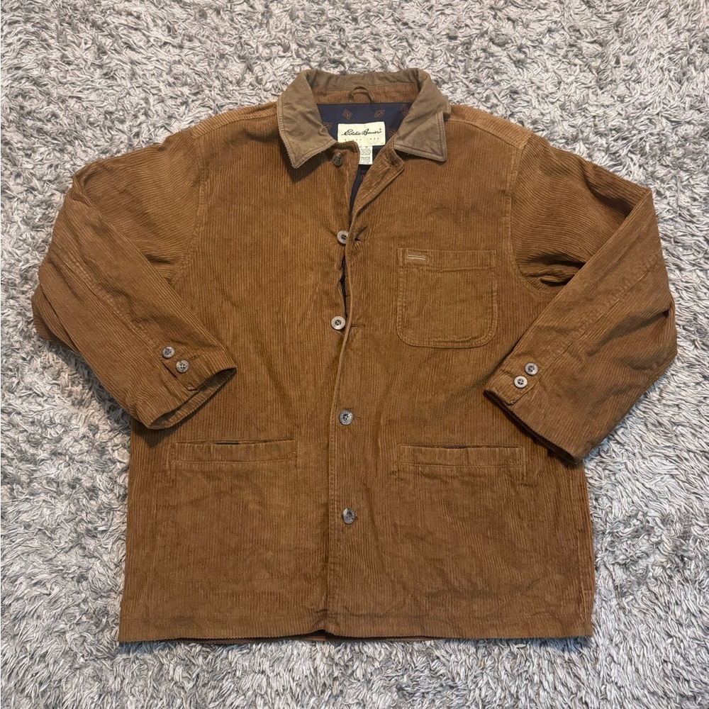Vintage Eddie Bauer corduroy lined chore jacket leather trim brown size M mens